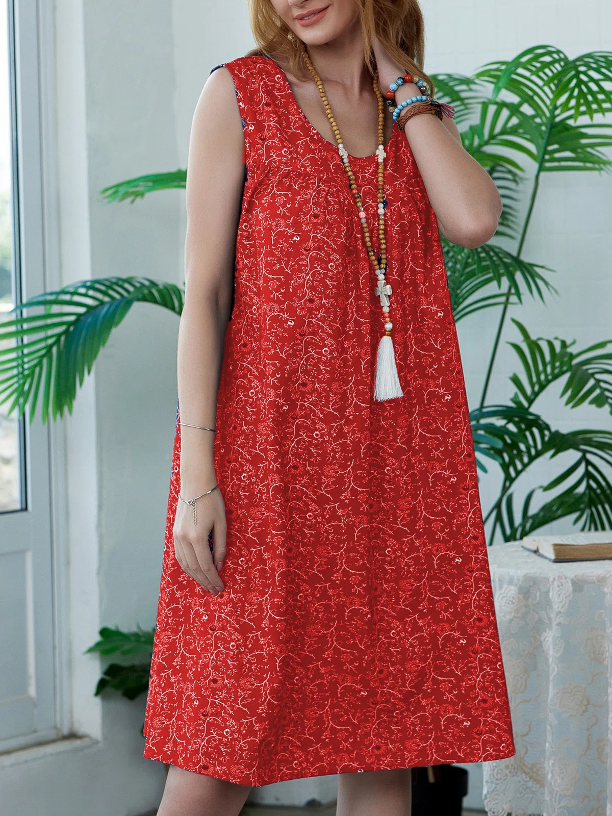 Plus Size Floral Print Beach Women Summer Midi Dresses Vacation dresses