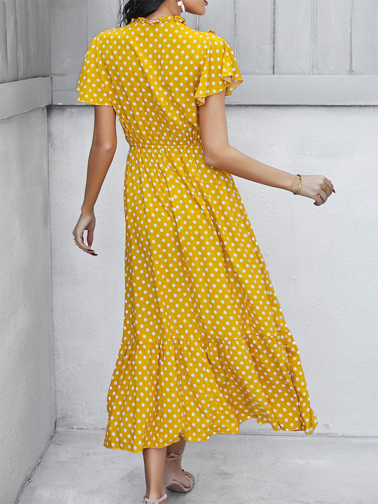 Polka-dot Print Stand-neck Ruffled Short-sleeve Panelled Hem Maxi Dress For Woman