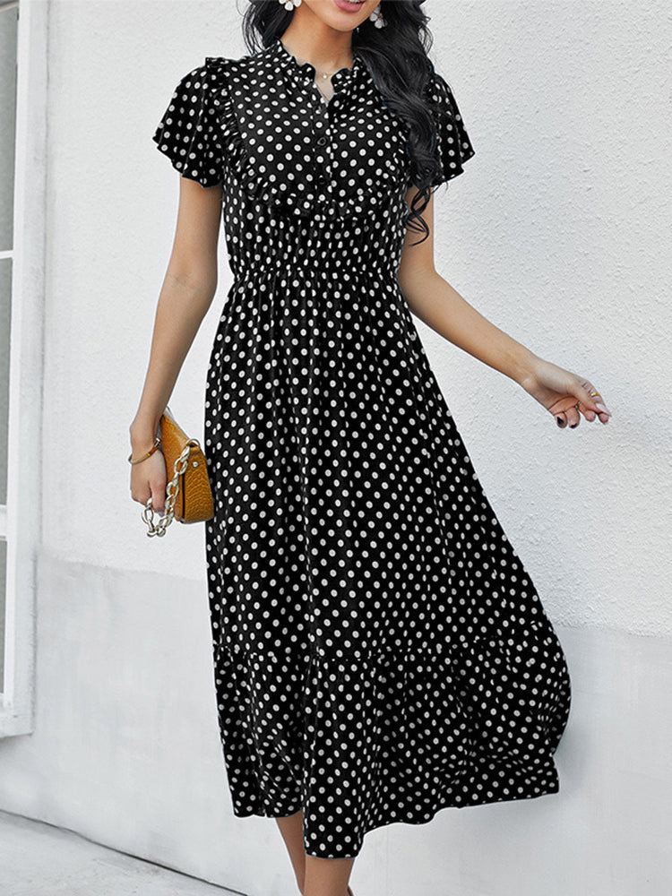 Polka-dot Print Stand-neck Ruffled Short-sleeve Panelled Hem Maxi Dress For Woman