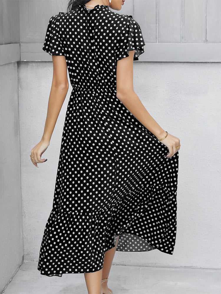 Polka-dot Print Stand-neck Ruffled Short-sleeve Panelled Hem Maxi Dress For Woman
