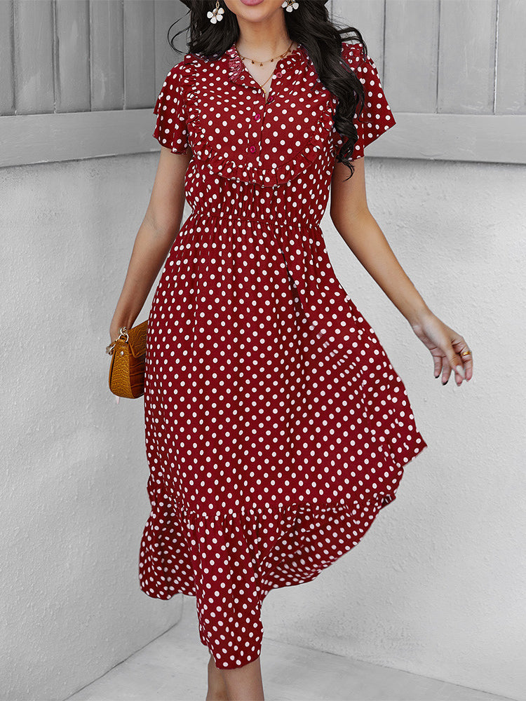 Polka-dot Print Stand-neck Ruffled Short-sleeve Panelled Hem Maxi Dress For Woman