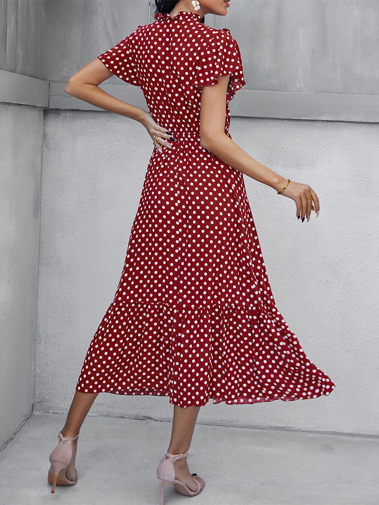 Polka-dot Print Stand-neck Ruffled Short-sleeve Panelled Hem Maxi Dress For Woman