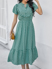 Polka-dot Print Stand-neck Ruffled Short-sleeve Panelled Hem Maxi Dress For Woman