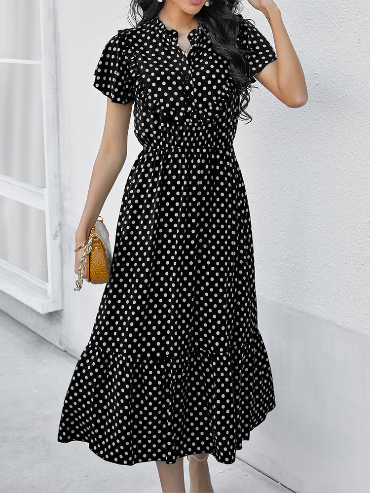 Polka-dot Print Stand-neck Ruffled Short-sleeve Panelled Hem Maxi Dress For Woman