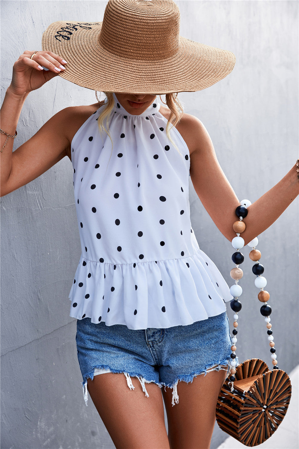 Polka Dot Halter Strap Front Sleveless Top Woman Vests