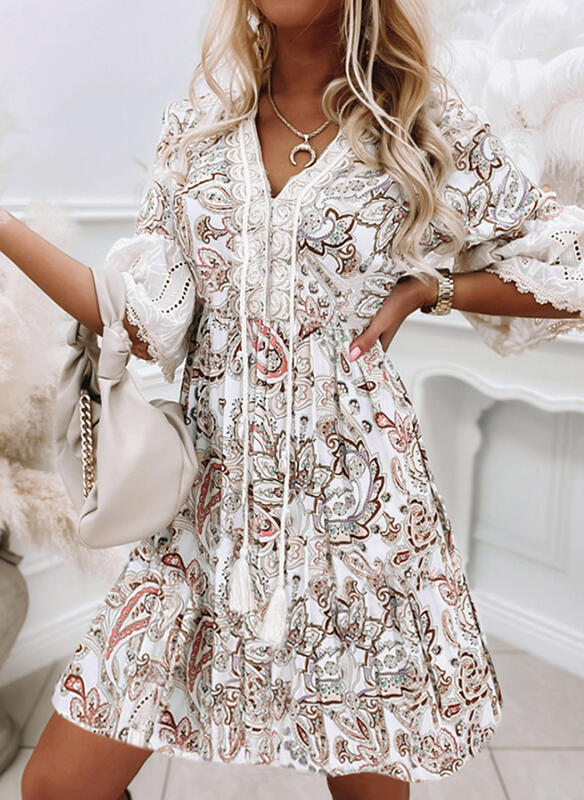 Print Lace Sleeveless A-line Above Knee Skater Dresses