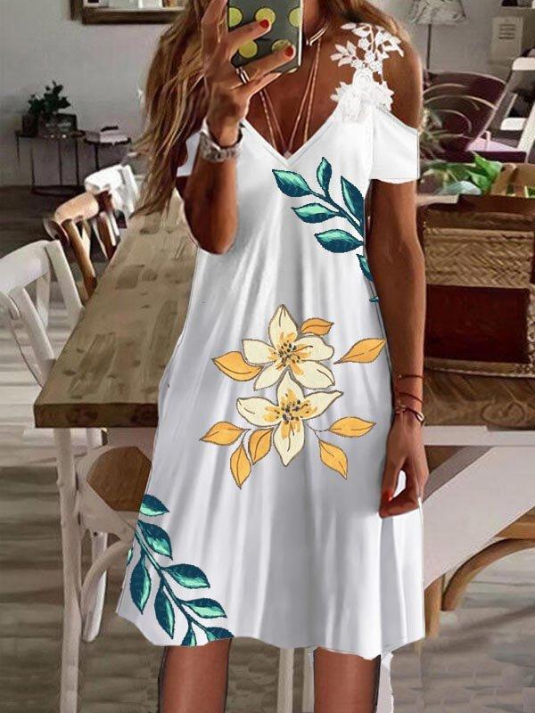 Printed Lace v neck short sleeve off shoulder fashion shift dresses for women