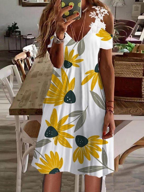 Printed Lace v neck short sleeve off shoulder fashion shift dresses for women
