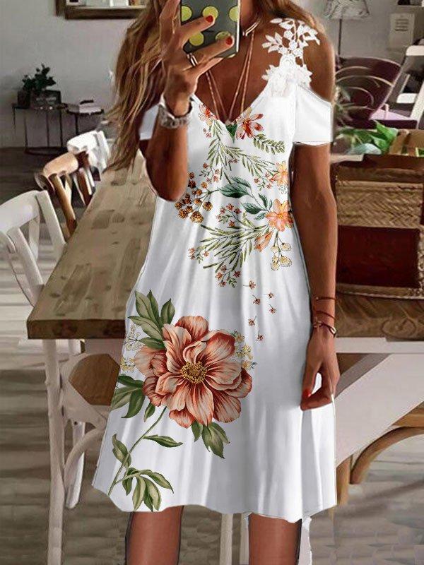 Printed Lace v neck short sleeve off shoulder fashion shift dresses for women