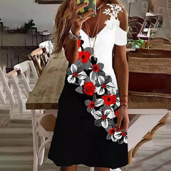 Printed Lace v neck short sleeve off shoulder fashion shift dresses for women