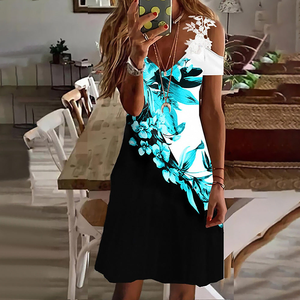Printed Lace v neck short sleeve off shoulder fashion shift dresses for women