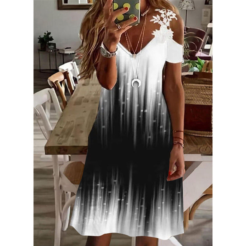 Printed Lace v neck short sleeve off shoulder fashion shift dresses