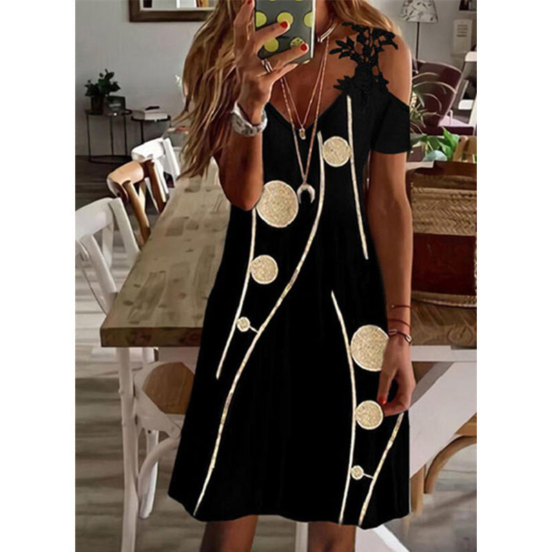 Printed Lace v neck short sleeve off shoulder fashion shift dresses