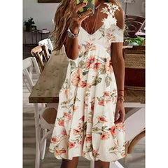 Printed Lace v neck short sleeve off shoulder fashion shift dresses