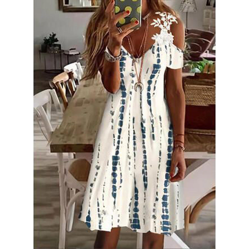 Printed Lace v neck short sleeve off shoulder fashion shift dresses