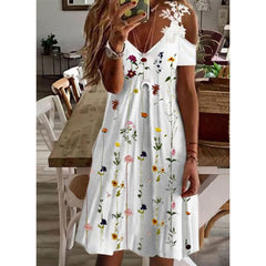 Printed Lace v neck short sleeve off shoulder fashion shift dresses