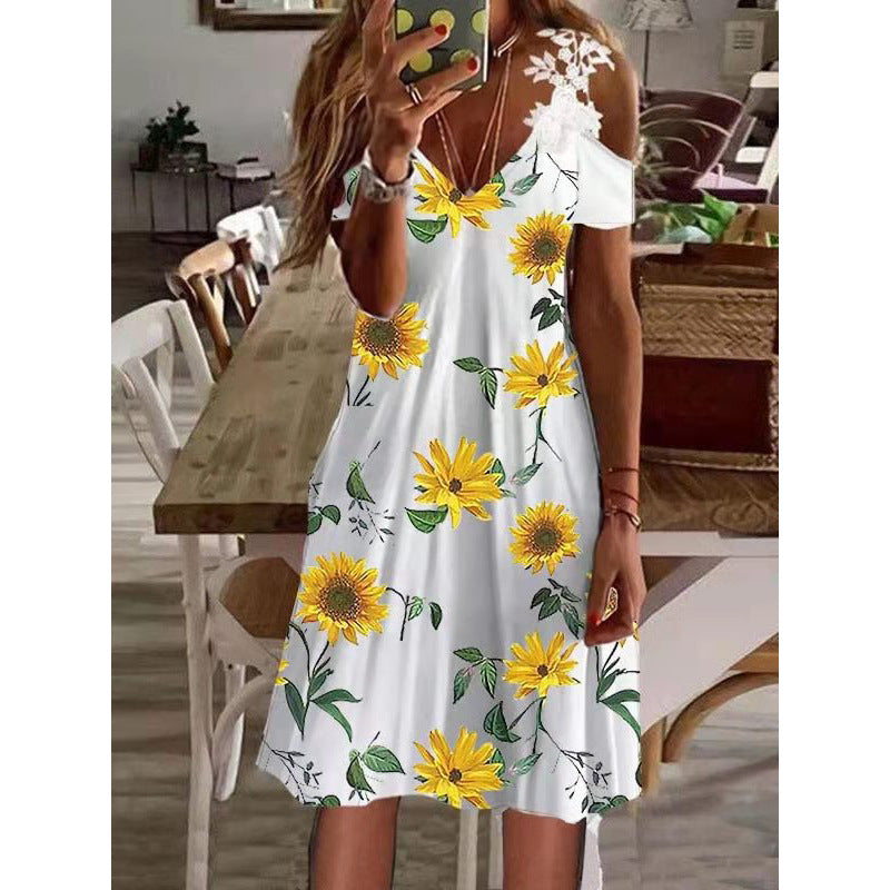 Printed Lace v neck short sleeve off shoulder fashion shift dresses