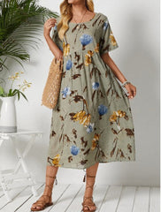 Printed Round Neck Short Sleeve Oversized Loose Cotton Linen Maxi Dress