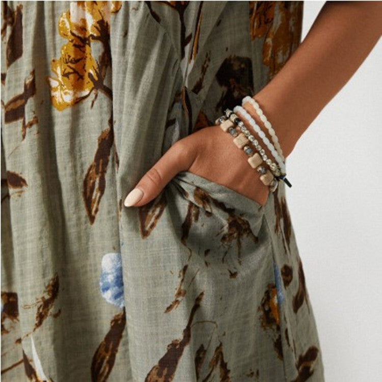 Printed Round Neck Short Sleeve Oversized Loose Cotton Linen Maxi Dress