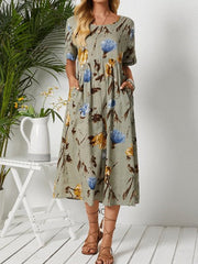 Printed Round Neck Short Sleeve Oversized Loose Cotton Linen Maxi Dress