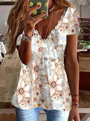 Printed V-Neck Bright Color Short Sleeve T-Shirt Women Tops
