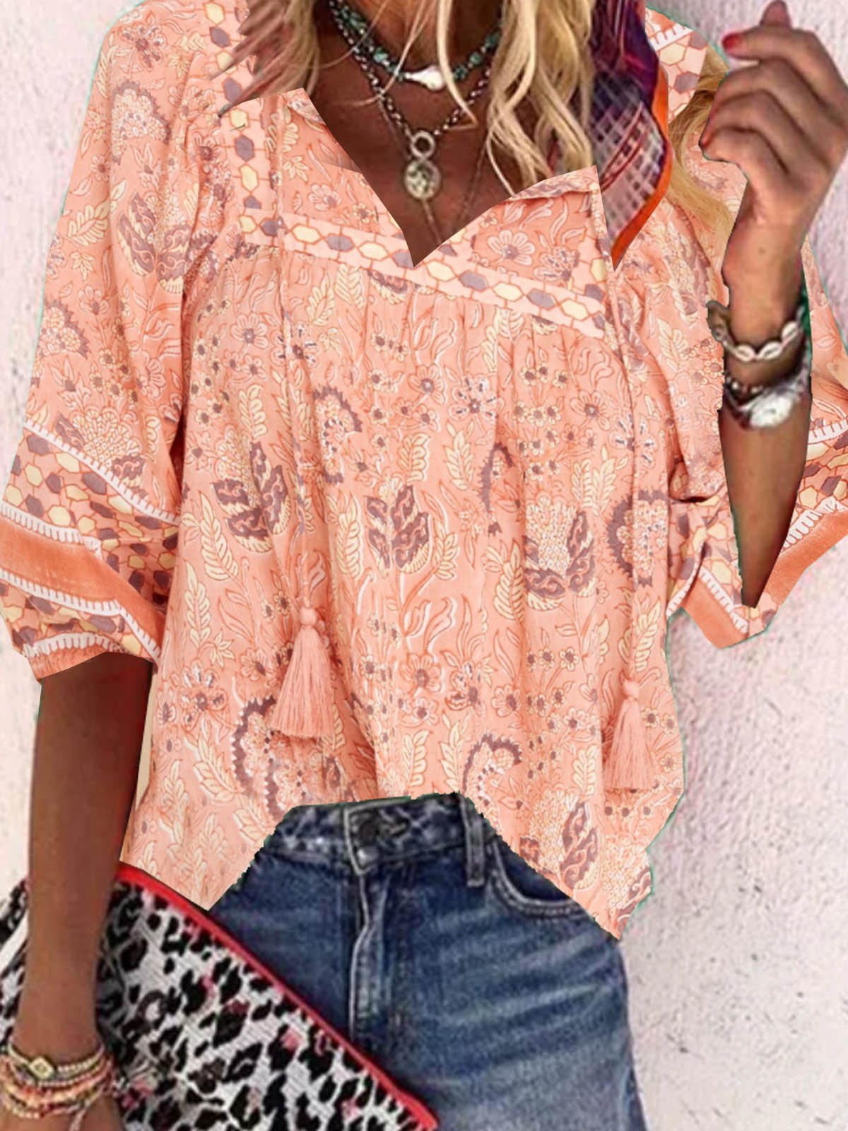 Paisley  Half Sleeve  Printed Polyester  V neck Boho Summer  Orange Top