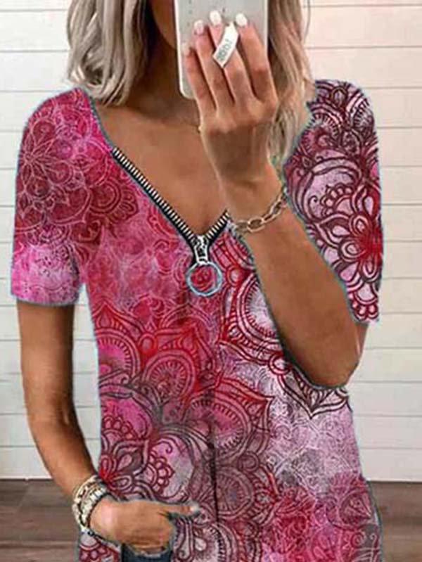 Printed Short Sleeve Casual V Neck Shirts & Tops