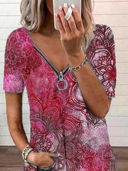 Printed Short Sleeve Casual V Neck Shirts & Tops