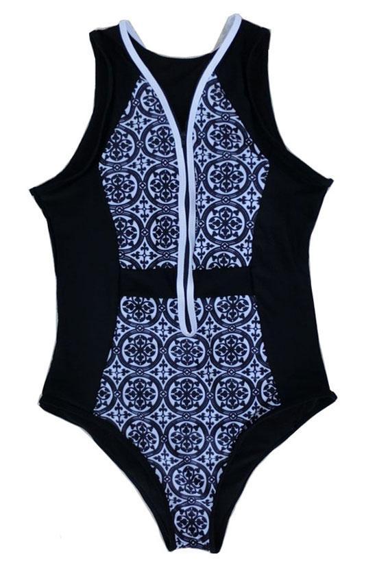 BLACK SPORTY ZIPPERED ONE PIECE SWIMSUIT