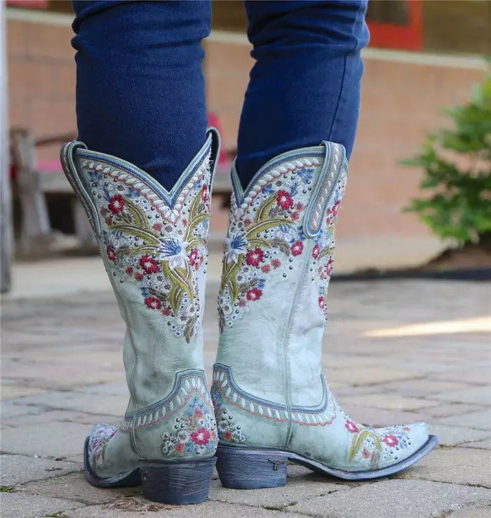 Chunky Heel Embroidered Rivets Mid-Tube Martin Boots