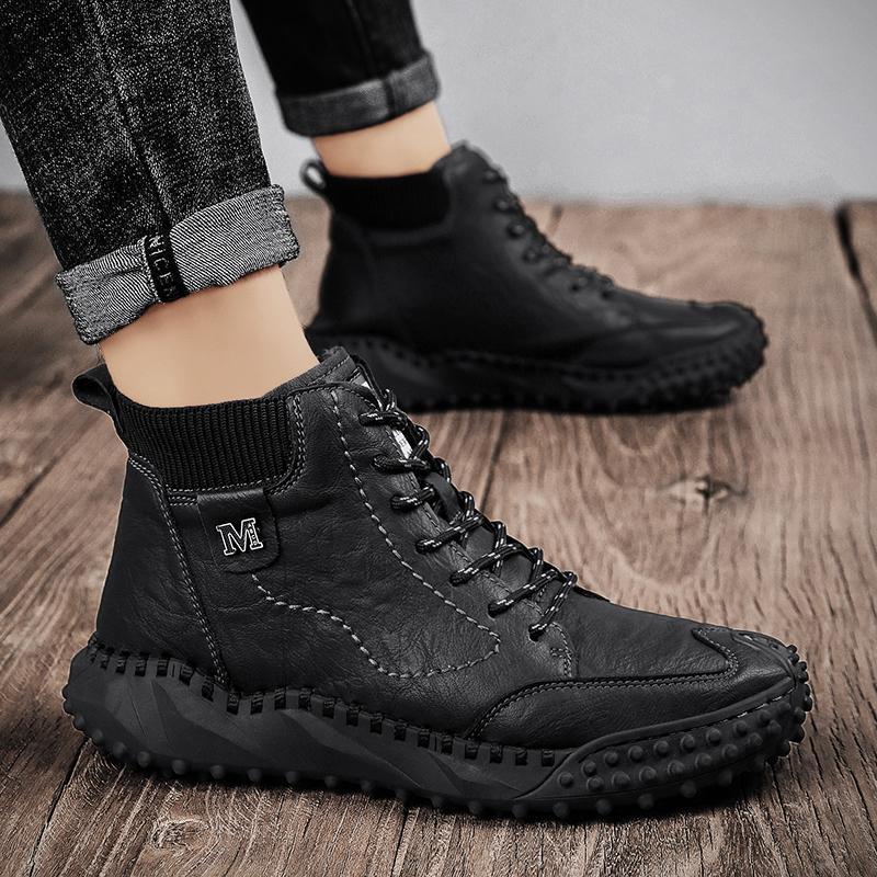 Men Warm Casual Thick-Soled High-Top Leather Plus Velvet Boots