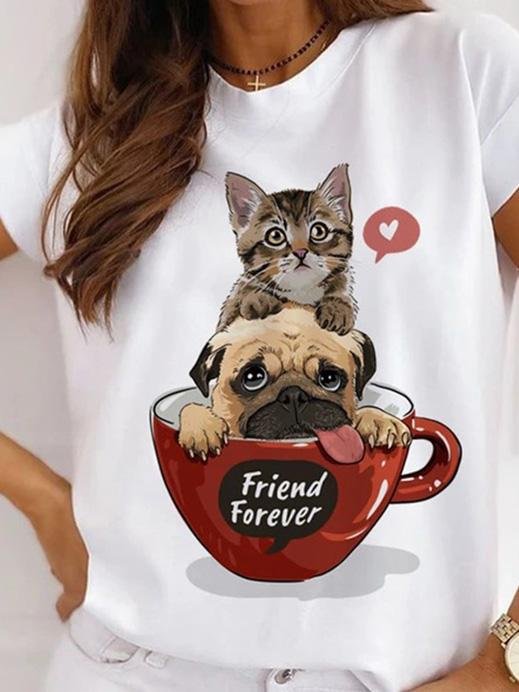 Printed Round Neck Short Sleeve Casual T-Shirt