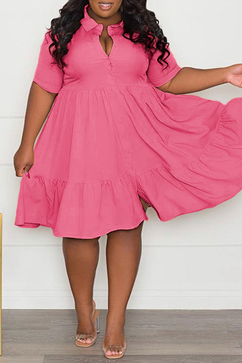 Plus Size Button Up Wide Lapel Ruched Dress