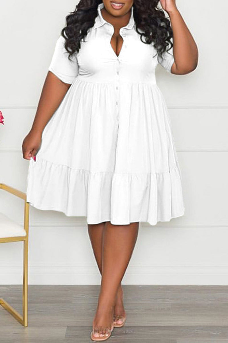 Plus Size Button Up Wide Lapel Ruched Dress