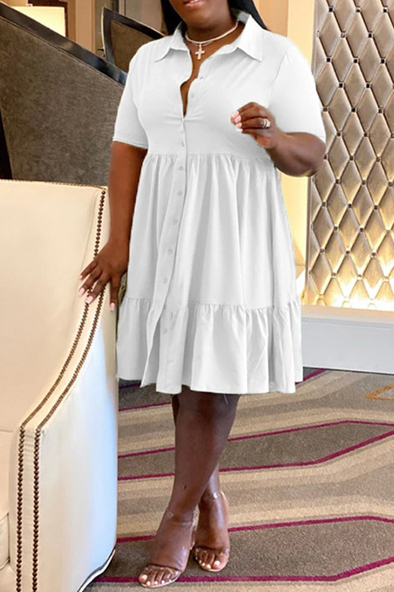 Plus Size Button Up Wide Lapel Ruched Dress