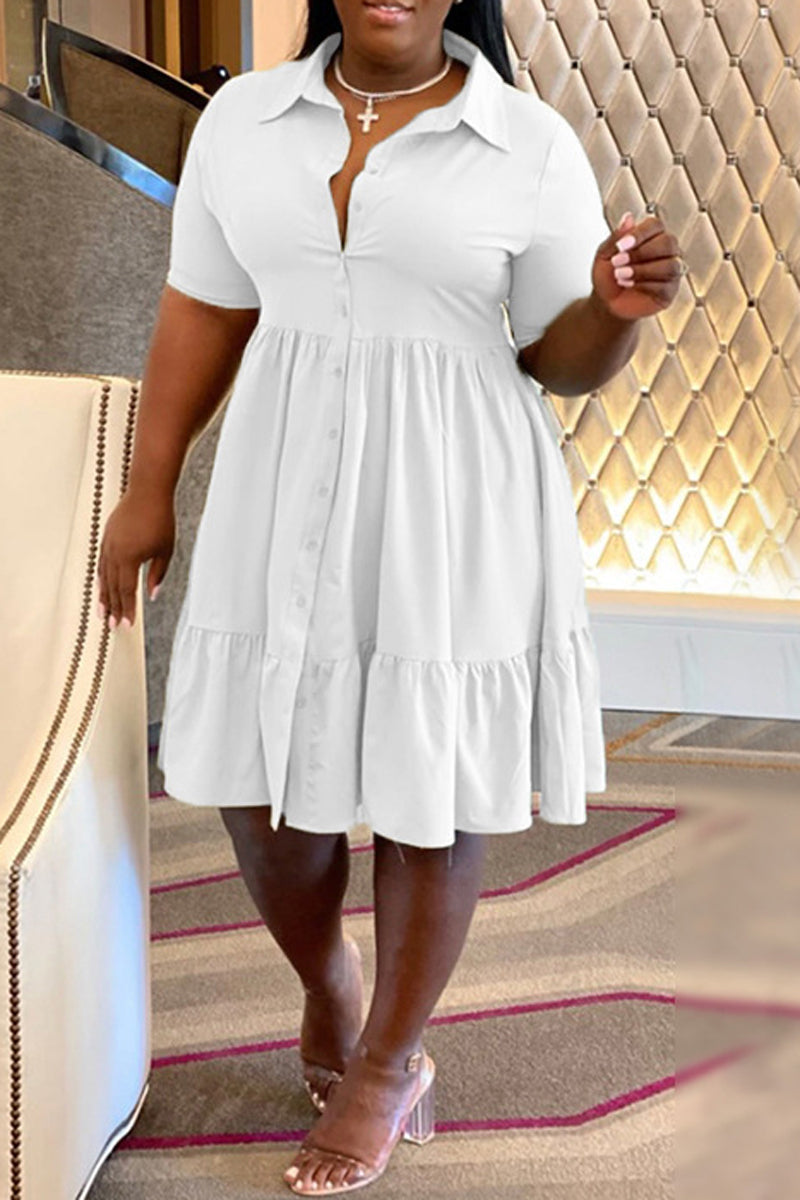 Plus Size Button Up Wide Lapel Ruched Dress