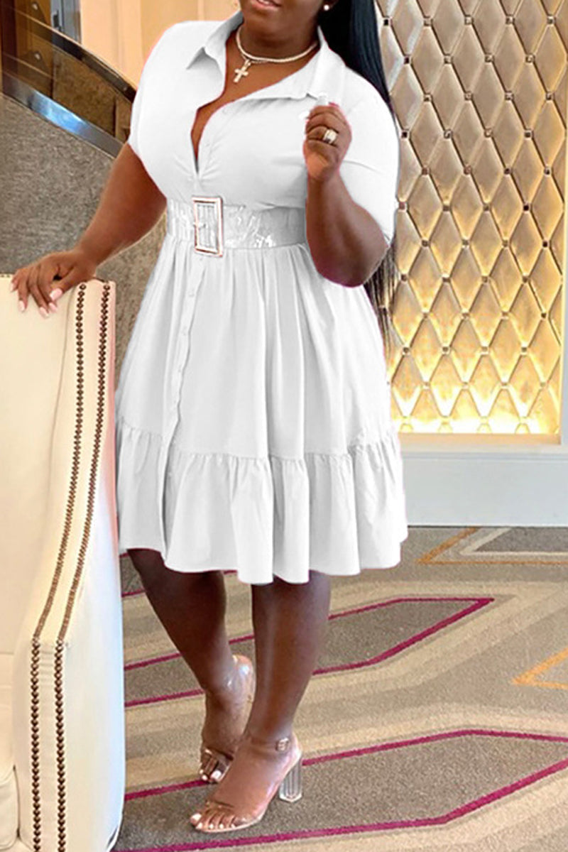 Plus Size Button Up Wide Lapel Ruched Dress