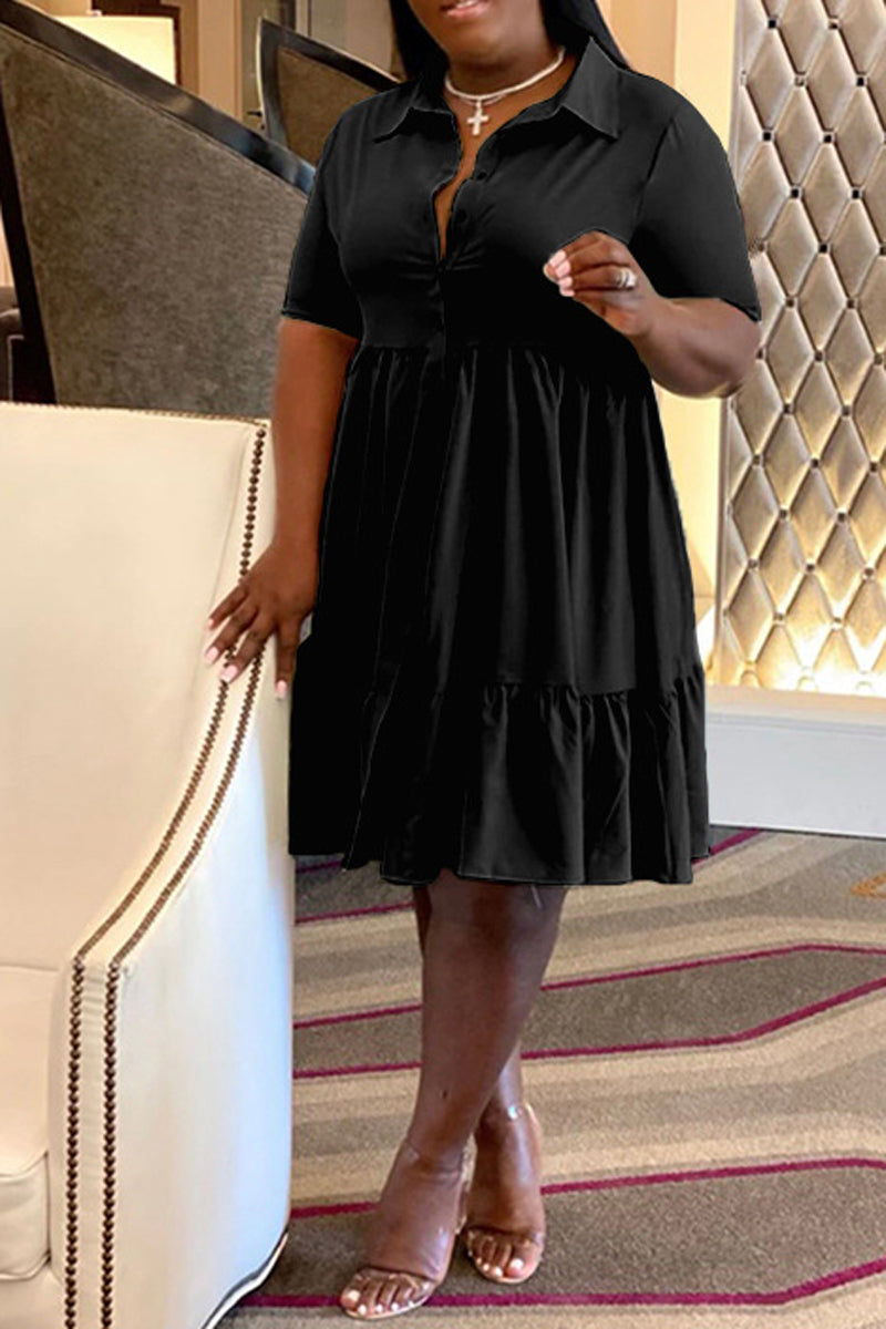 Plus Size Button Up Wide Lapel Ruched Dress