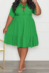 Plus Size Button Up Wide Lapel Ruched Dress