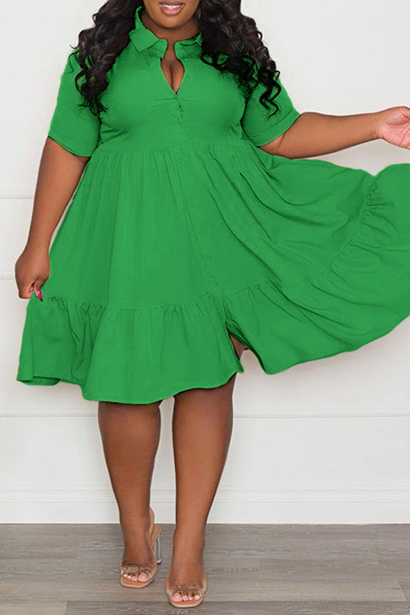 Plus Size Button Up Wide Lapel Ruched Dress