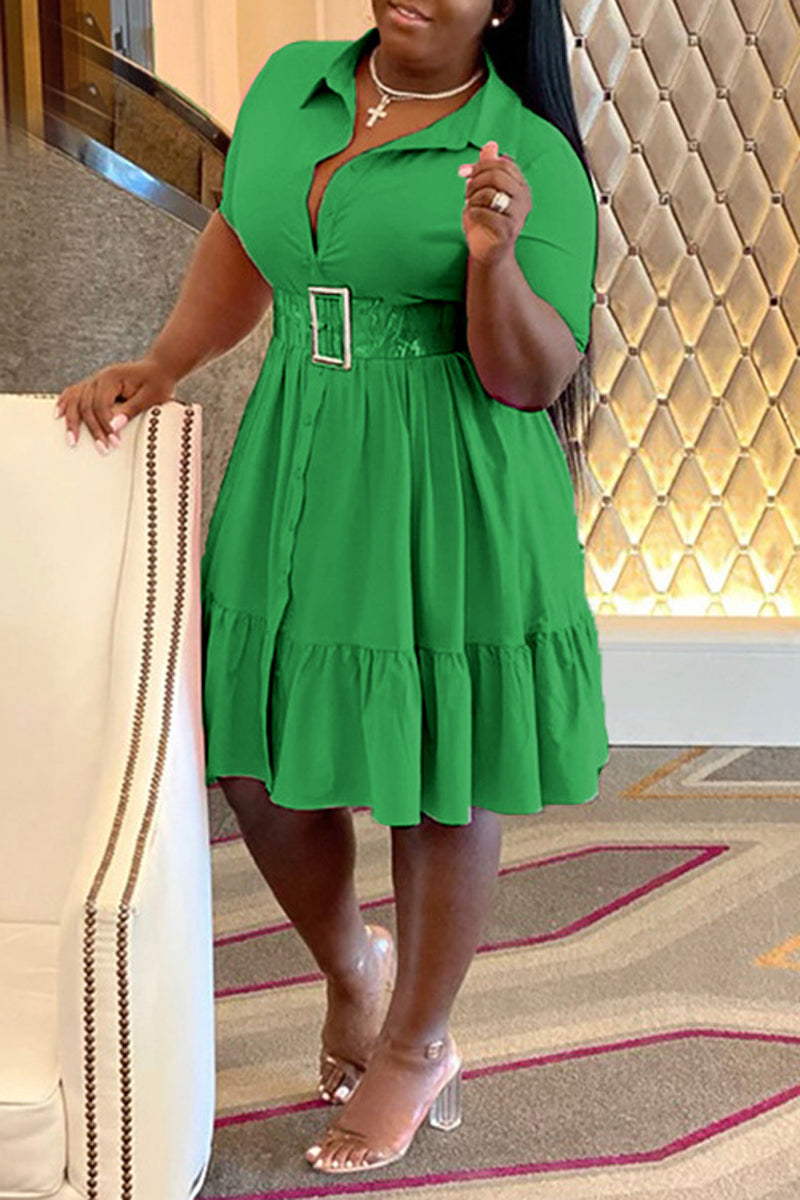 Plus Size Button Up Wide Lapel Ruched Dress