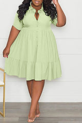 Plus Size Button Up Wide Lapel Ruched Dress