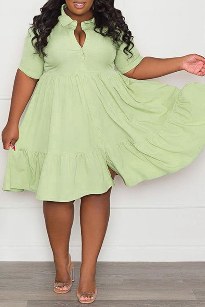 Plus Size Button Up Wide Lapel Ruched Dress