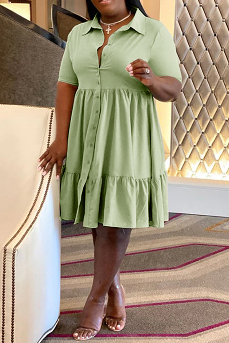 Plus Size Button Up Wide Lapel Ruched Dress