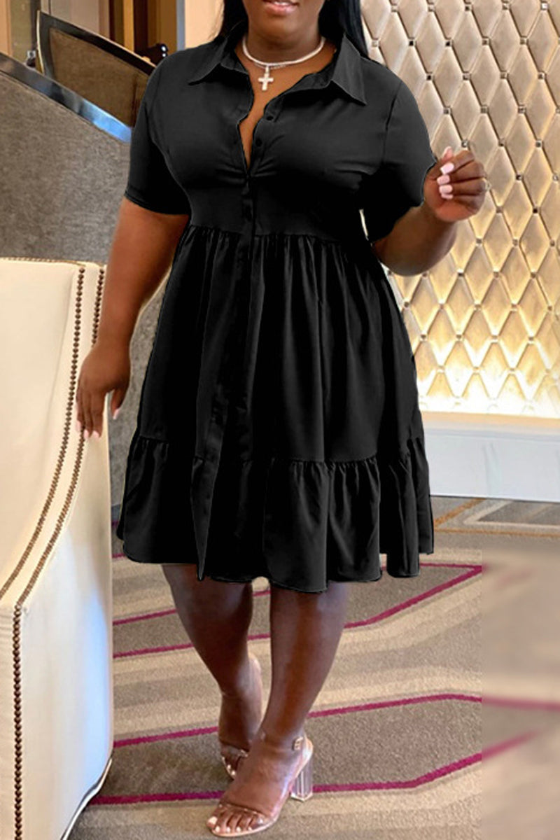 Plus Size Button Up Wide Lapel Ruched Dress