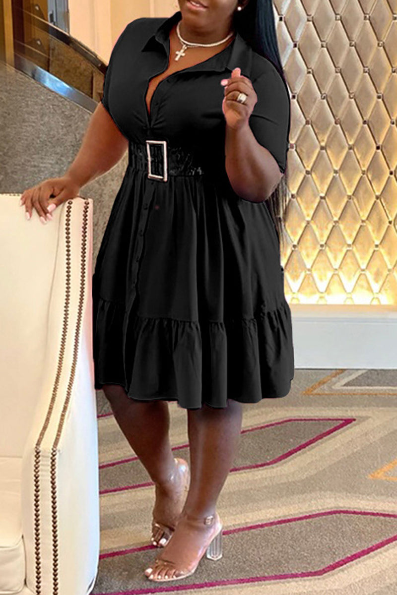 Plus Size Button Up Wide Lapel Ruched Dress