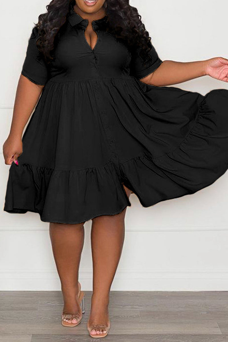 Plus Size Button Up Wide Lapel Ruched Dress